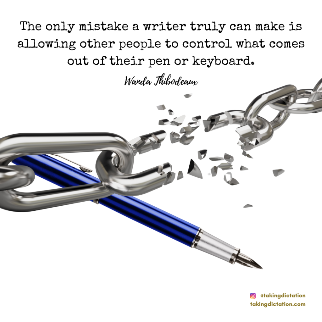 pen and broken chain writer breaking free from the mistake of having others control their writing